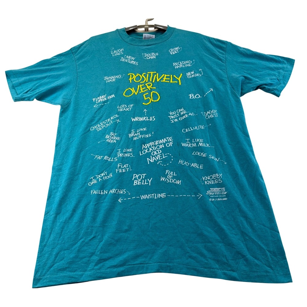 Hanes T-Shirt Mens XL Teal Positively Over 50 Vintage 80s Funny Graphic Novelty